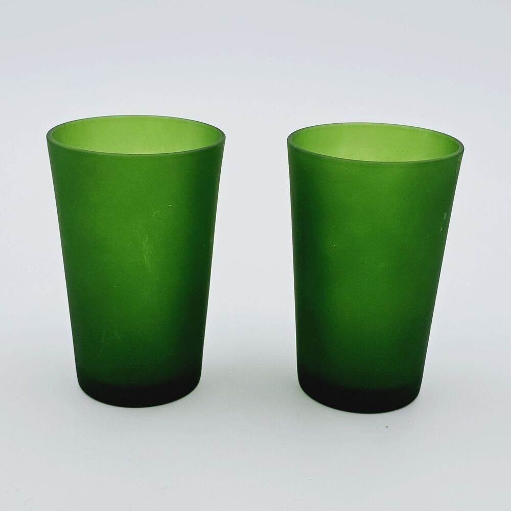 Vintage Juice Glass Frosted Emerald Green Set of 2 Unmarked Heavy Glass 4.25" T